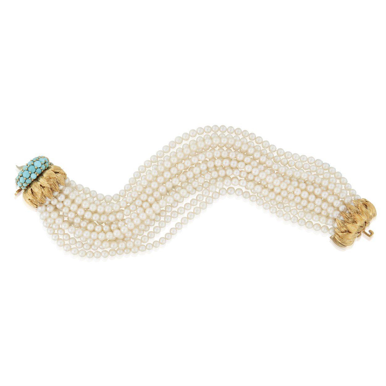 Lot 60 - An eighteen karat gold, cultured pearl, and turquoise bracelet