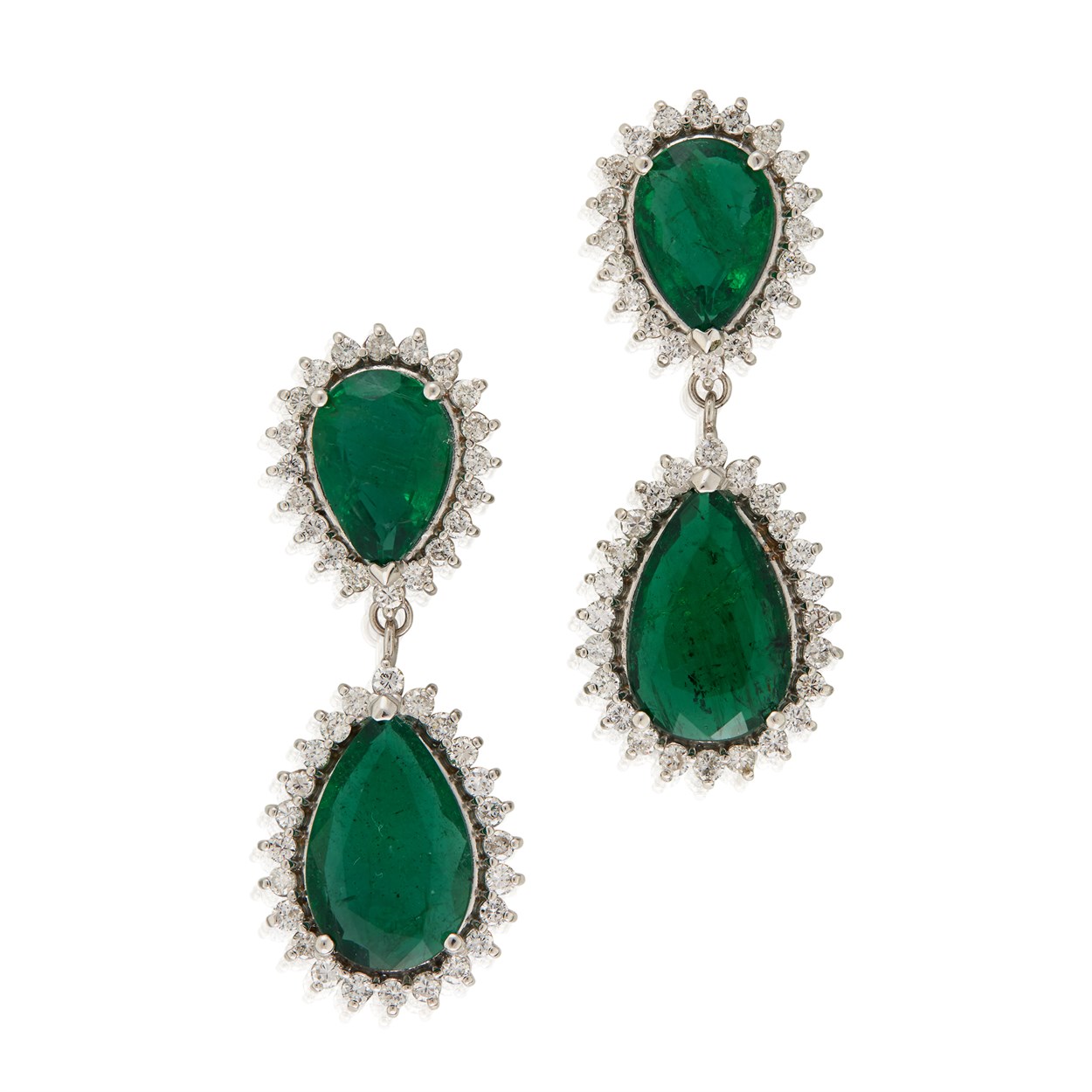 Lot 70 - A pair of emerald, diamond, and eighteen karat white gold earrings
