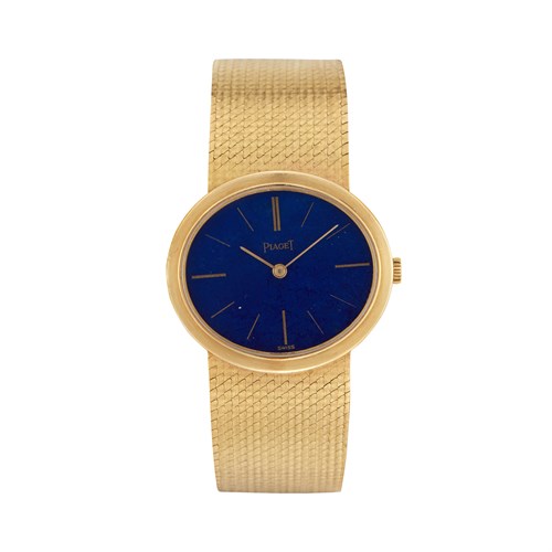 Lot 126 - A lady's eighteen karat gold and lapis lazuli bracelet watch, Piaget