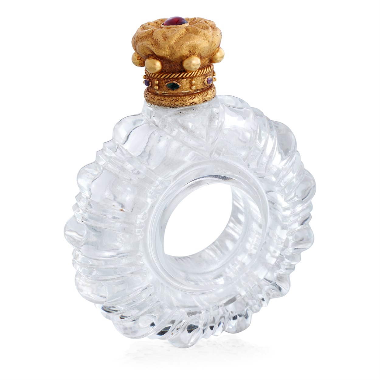Lot 7 - An antique eighteen karat gold and rock crystal perfume bottle
