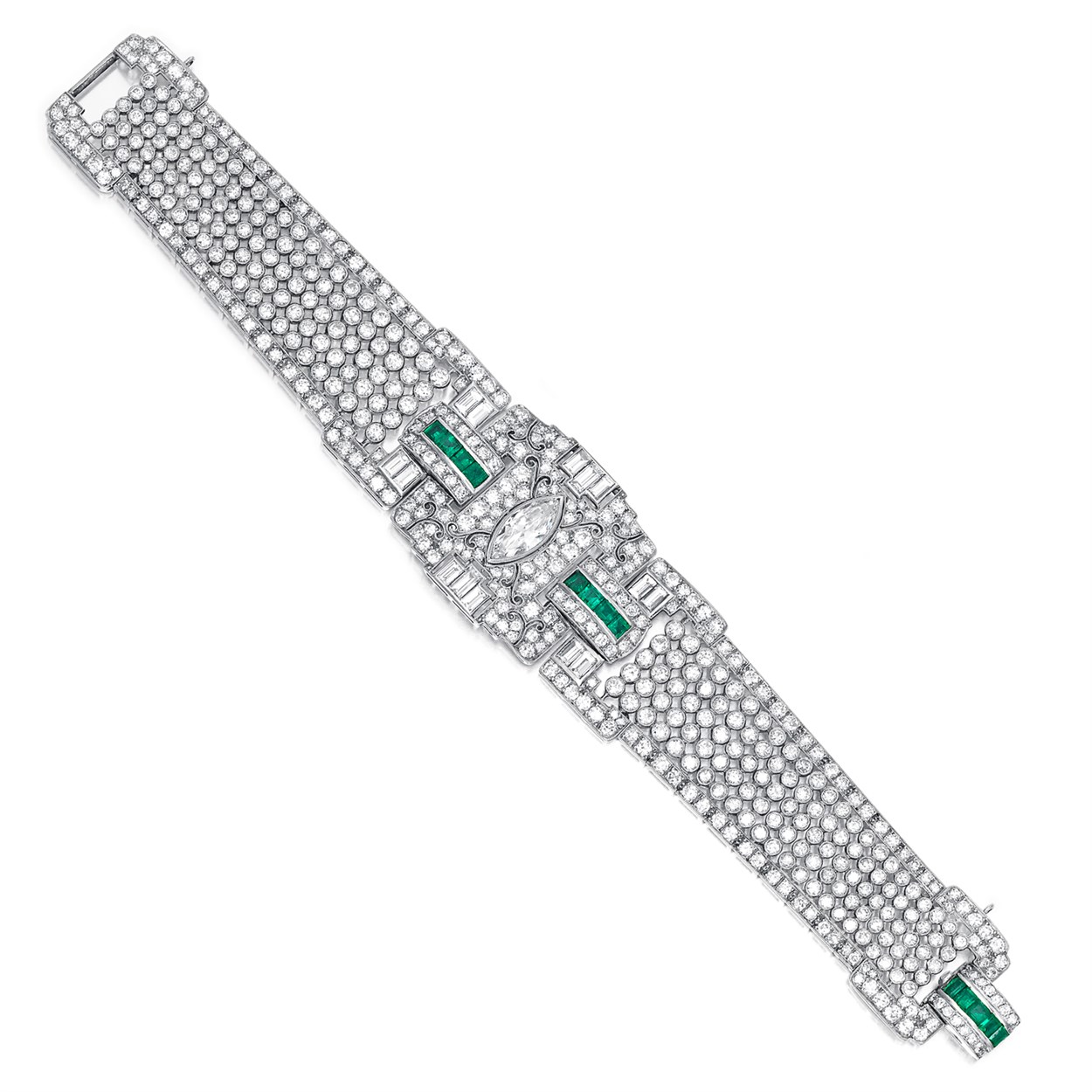 Lot 114 - An Art Deco diamond, emerald, and platinum bracelet