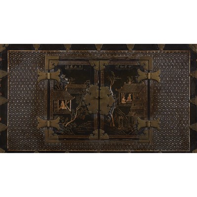 Lot 121 - A pair of Korean mother of pearl-inlaid lacquered wood chests