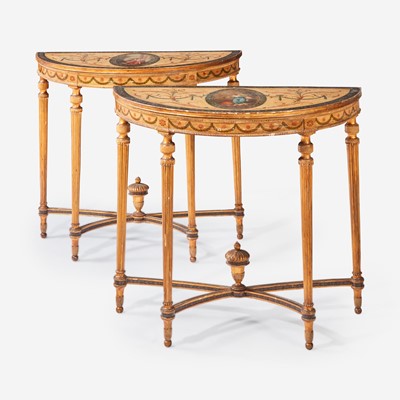 Lot 75 - A Pair of George III Polychrome Painted Giltwood Demilune Console Tables