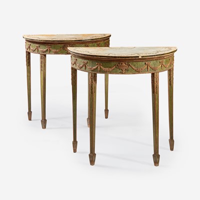 Lot 68 - A Pair of George III Style Polychromed Carved Wood and Composition Demilune Console Tables