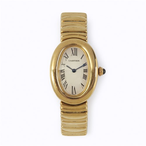 Lot 50 - An eighteen karat gold bracelet wristwatch, Cartier