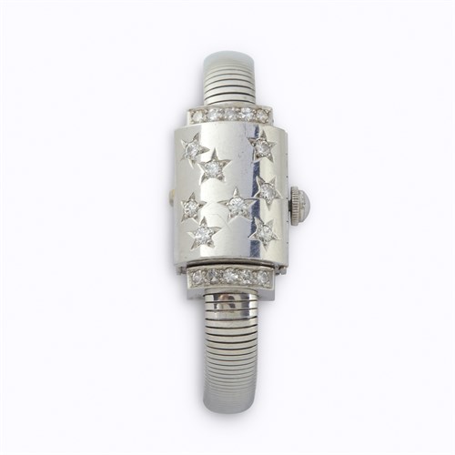 Lot 43 - A platinum and diamond covered dial bracelet wristwatch, Movado