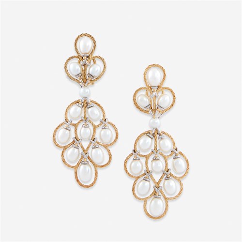 Lot 14 - A pair of eighteen karat gold and cultured pearl earrings, Buccellati