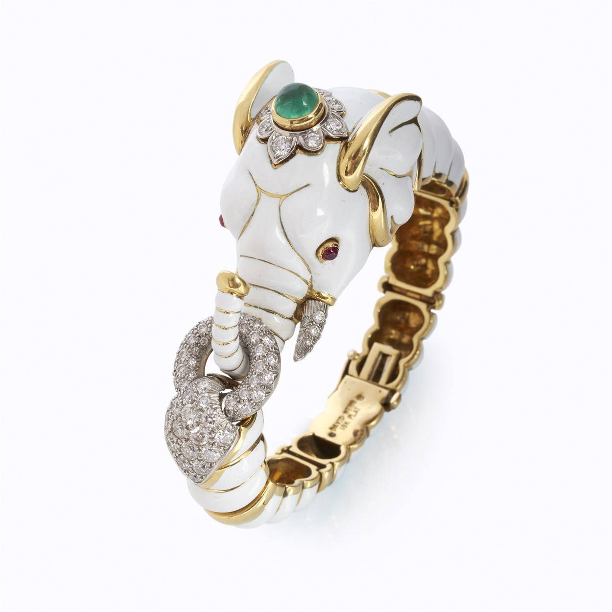 Lot 110 - A white enamel, eighteen karat gold, diamond, and colored gemstone bracelet, David Webb