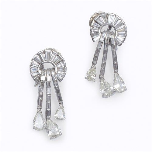 Lot 97 - A pair of diamond and platinum spray pendant earrings