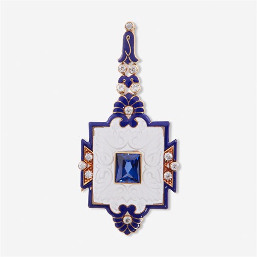 Lot 9 - An Art Deco rock crystal, enamel, diamond, and synthetic sapphire pendant, Cartier