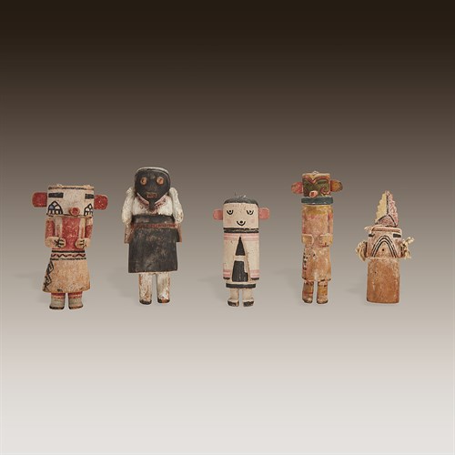 Lot 53 - Five Hopi carved and painted cottonwood root Katsina Dolls
