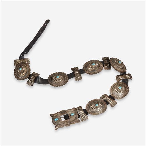 Lot 86 - A silver and turquoise concho and butterfly belt