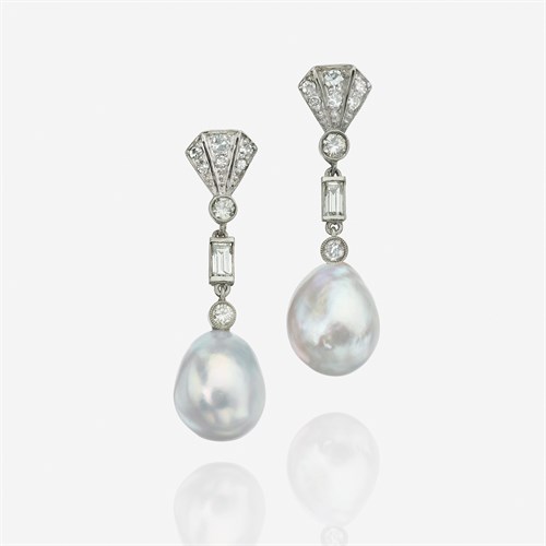 Lot 4 - A pair of natural pearl and diamond drop earrings