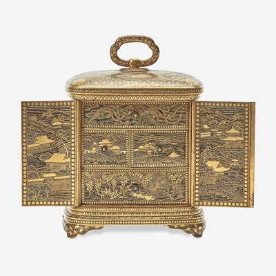 Lot 125 - A Japanese gold-inlaid iron miniature cabinet, Komai workshops, Kyoto