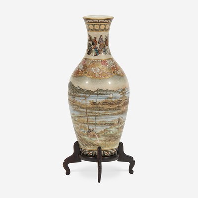 Lot 130 - A Japanese Satsuma-type enameled pottery cabinet vase with wood stand, Yabu Meizan