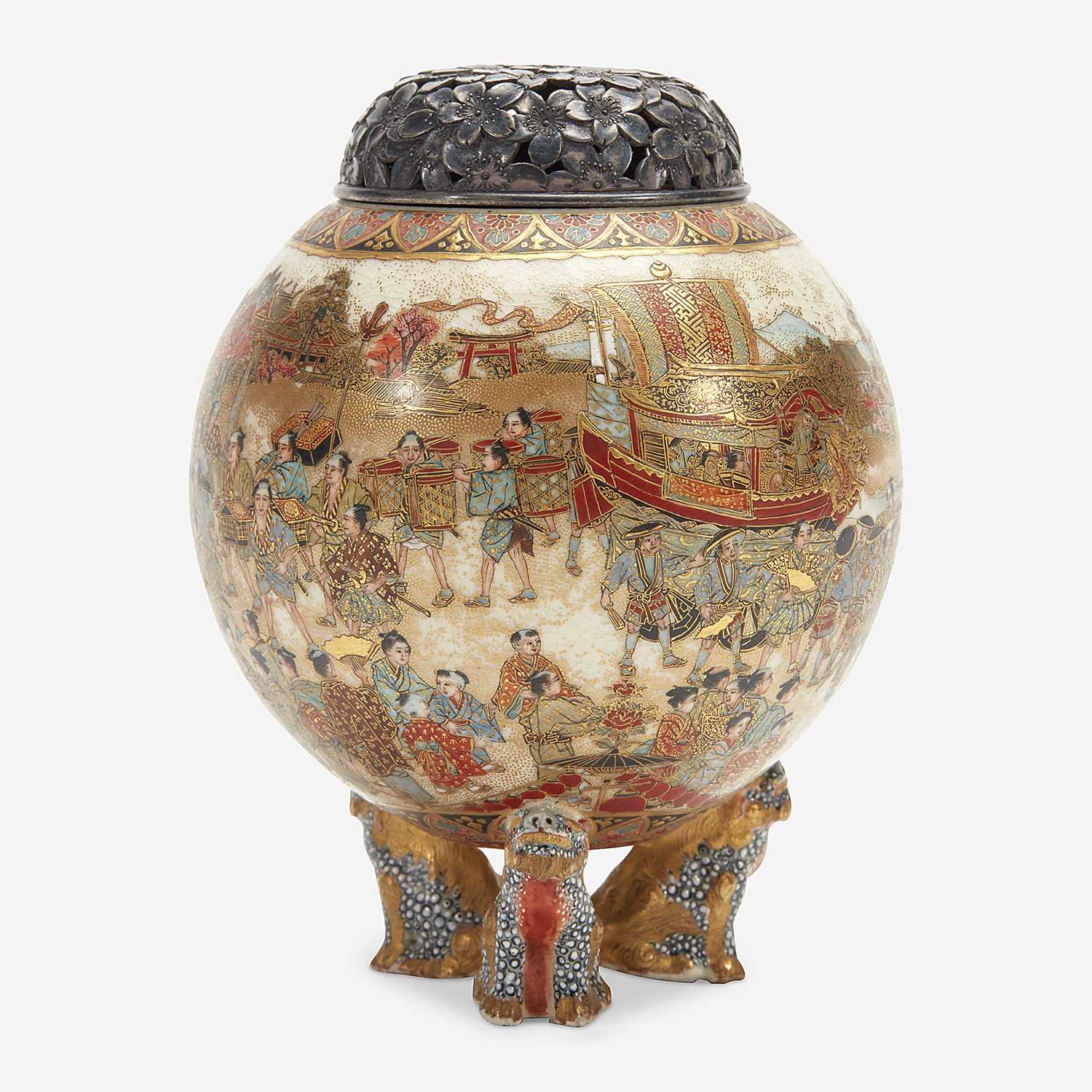 Lot 132 - A small Satuma-type enameled pottery koro with silver cover and a small Satsuma-type enameled pottery miniature bowl