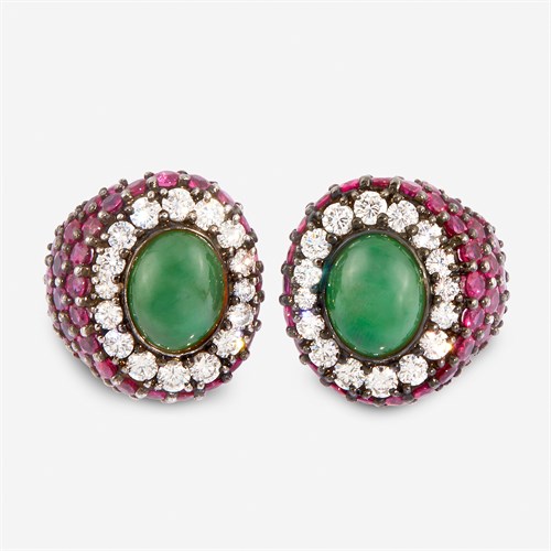 Lot 52 - A pair of jadeite jade, ruby, diamond, and eighteen karat white gold earrings