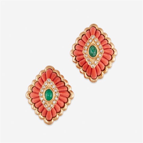 Lot 49 - A pair of coral, diamond, emerald, and eighteen karat gold earclips