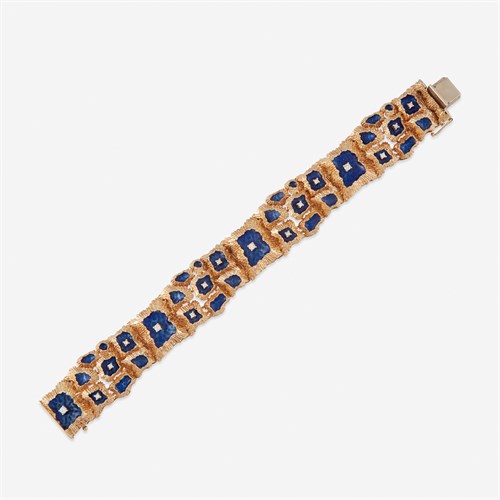 Lot 83 - An eighteen karat gold, diamond, and enameled bracelet