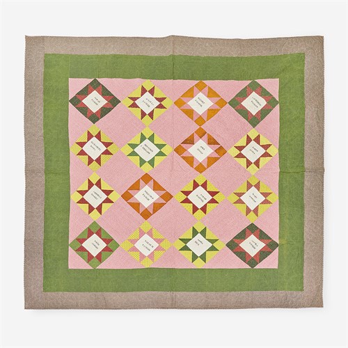 Lot 88 - A pieced and stamped autograph quilt
