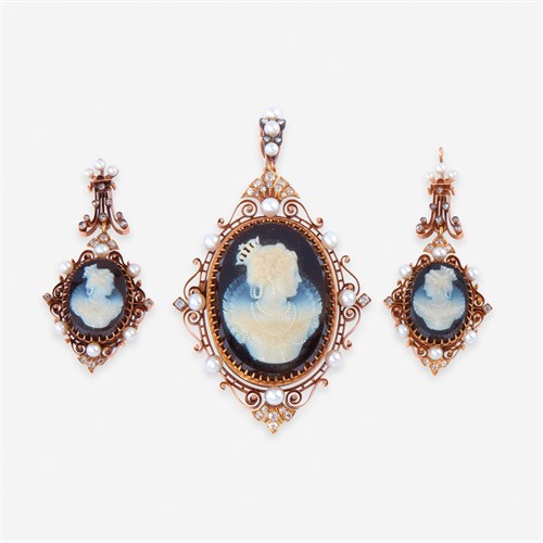 Lot 13 - An antique hardstone, diamond, pearl, and fourteen karat rose gold cameo pendant/brooch suite