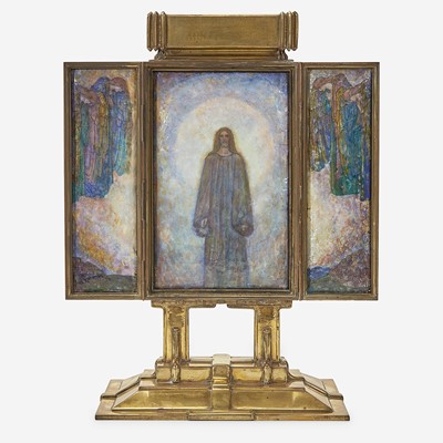 Lot 174 - An Arts & Crafts Brass and Foil-Backed Enamel Triptych Altarpiece, "Behold I Stand at the Door and Knock"
