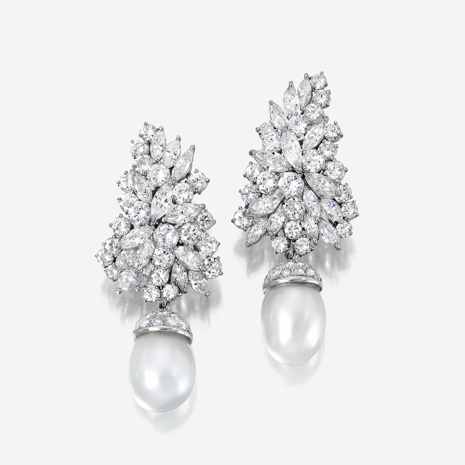 Lot 83 - A pair of diamond, South Sea cultured pearl, and platinum earrings