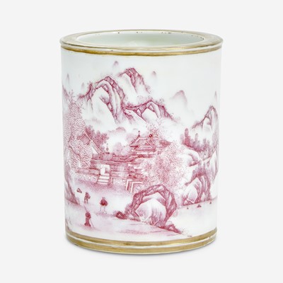Lot 16 - A Chinese puce-enameled porcelain cylindrical brush pot