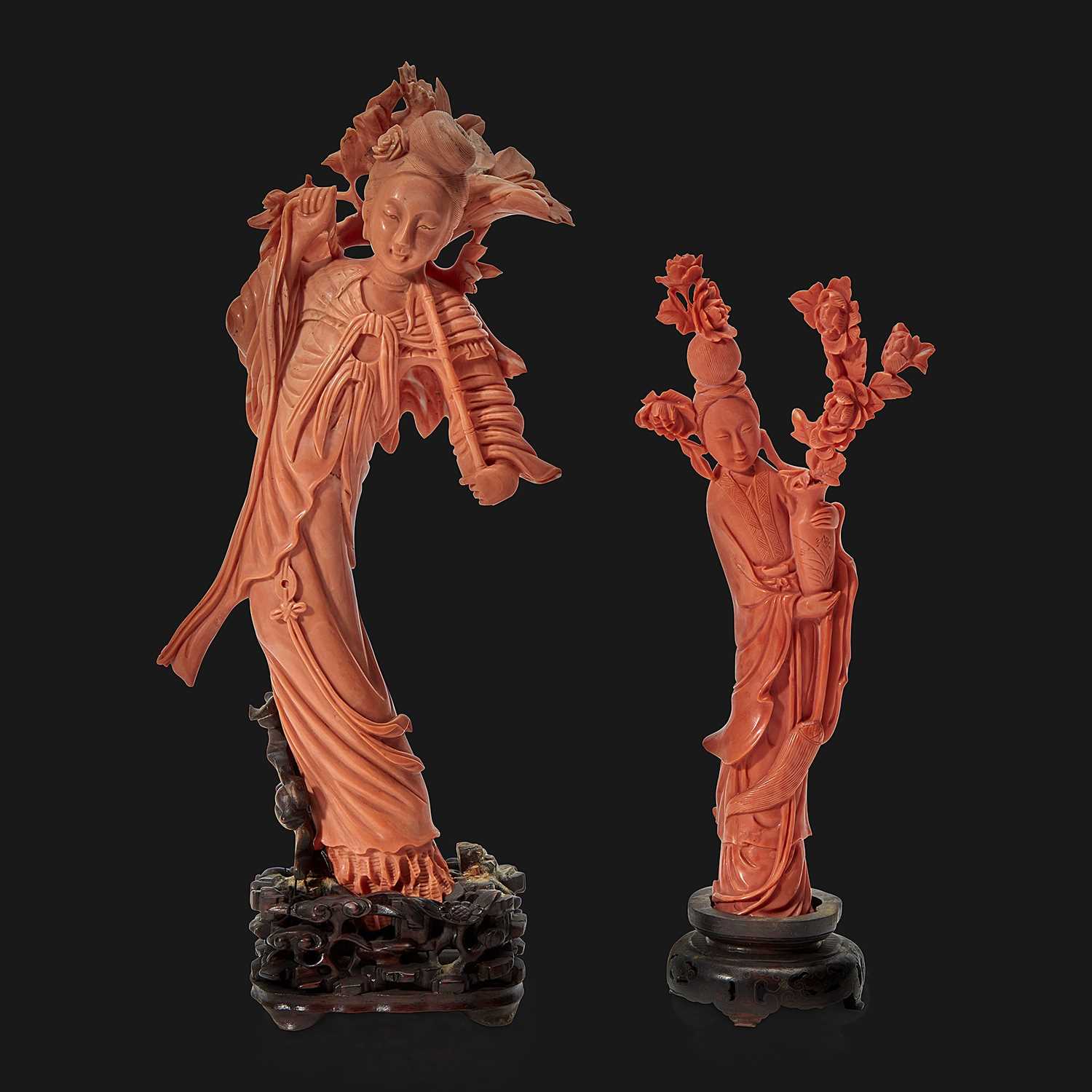 Lot 96 - Two Chinese carved coral meiren