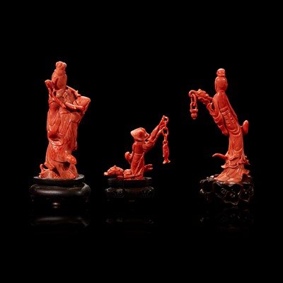 Lot 99 - Three Chinese carved coral figural groups, meiren and peach, man and basket, meiren and flower