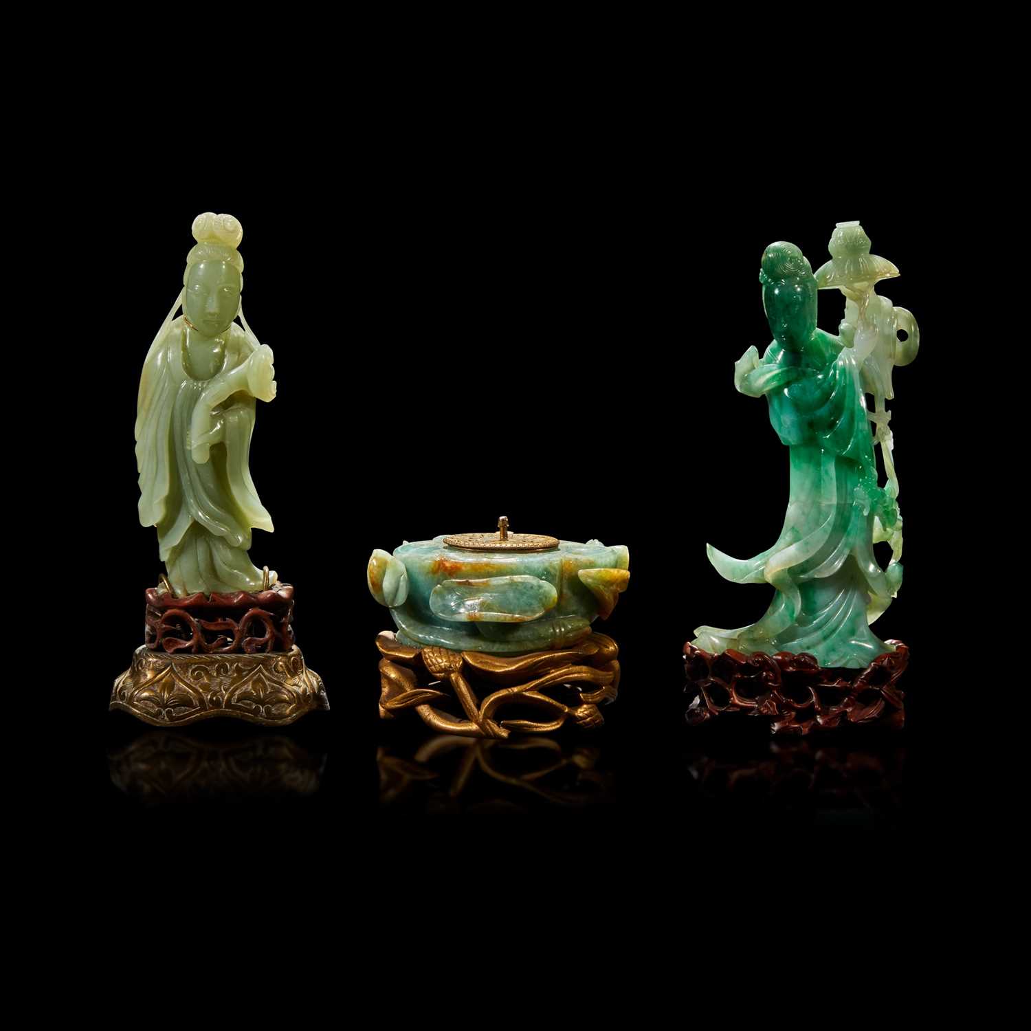 Lot 105 - A Chinese carved jadeite meiren, a carved celadon jade meiren, and a carved jadeite lotus pod-form inkwell