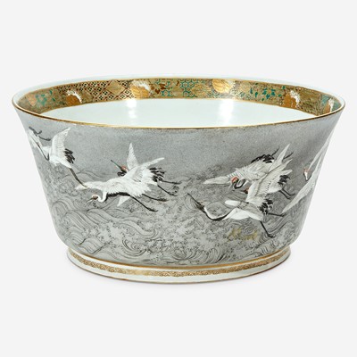 Lot 135 - A large Japanese enameled porcelain "Cranes and Waves" bowl, Kanzan Denshichi (1821-Circa 1890)