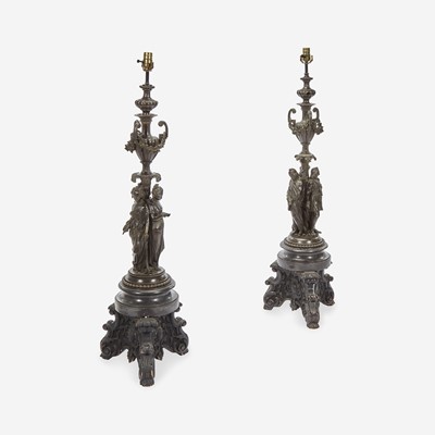 Lot 224 - A Pair of Baroque Revival Bronze Figural Candelabra Mounted as Lamps