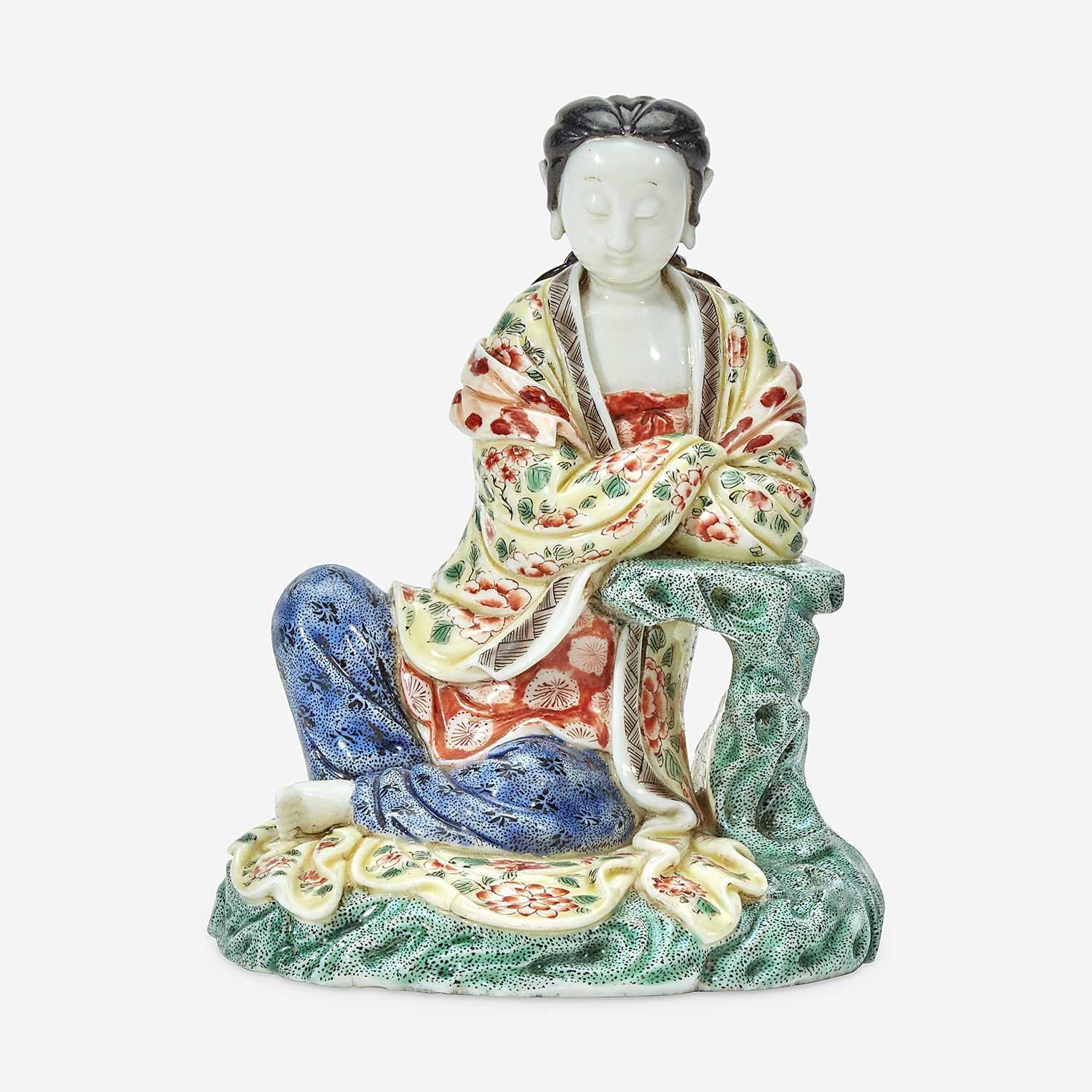 Lot 9 - A Chinese enameled Dehua porcelain figure of Guanyin seated