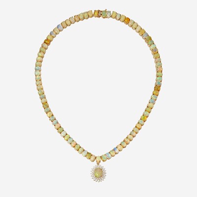 Lot 70 - An opal, diamond, and fourteen karat gold necklace