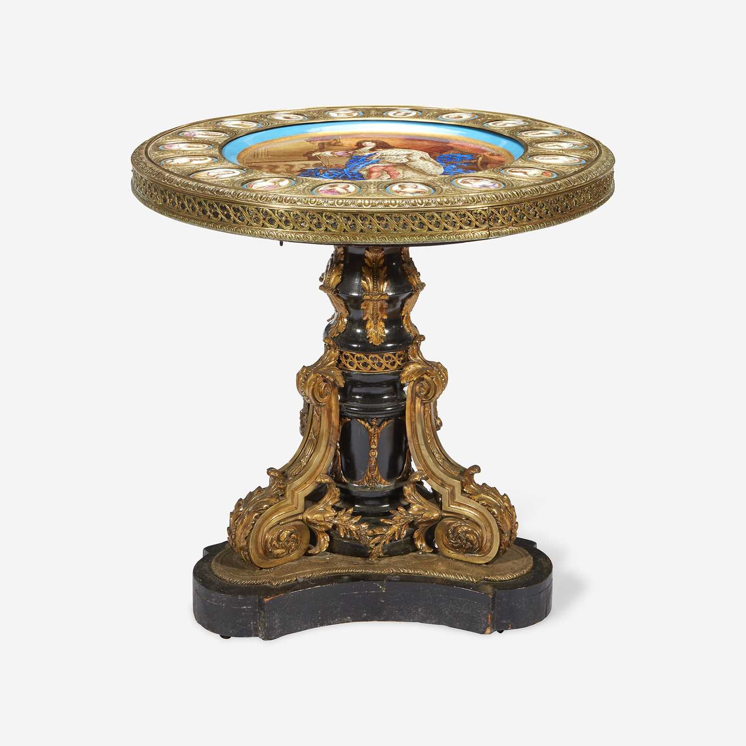 Lot 53 - A Sèvres Style Porcelain Mounted Ebonized and Gilt-Bronze Gueridon Table