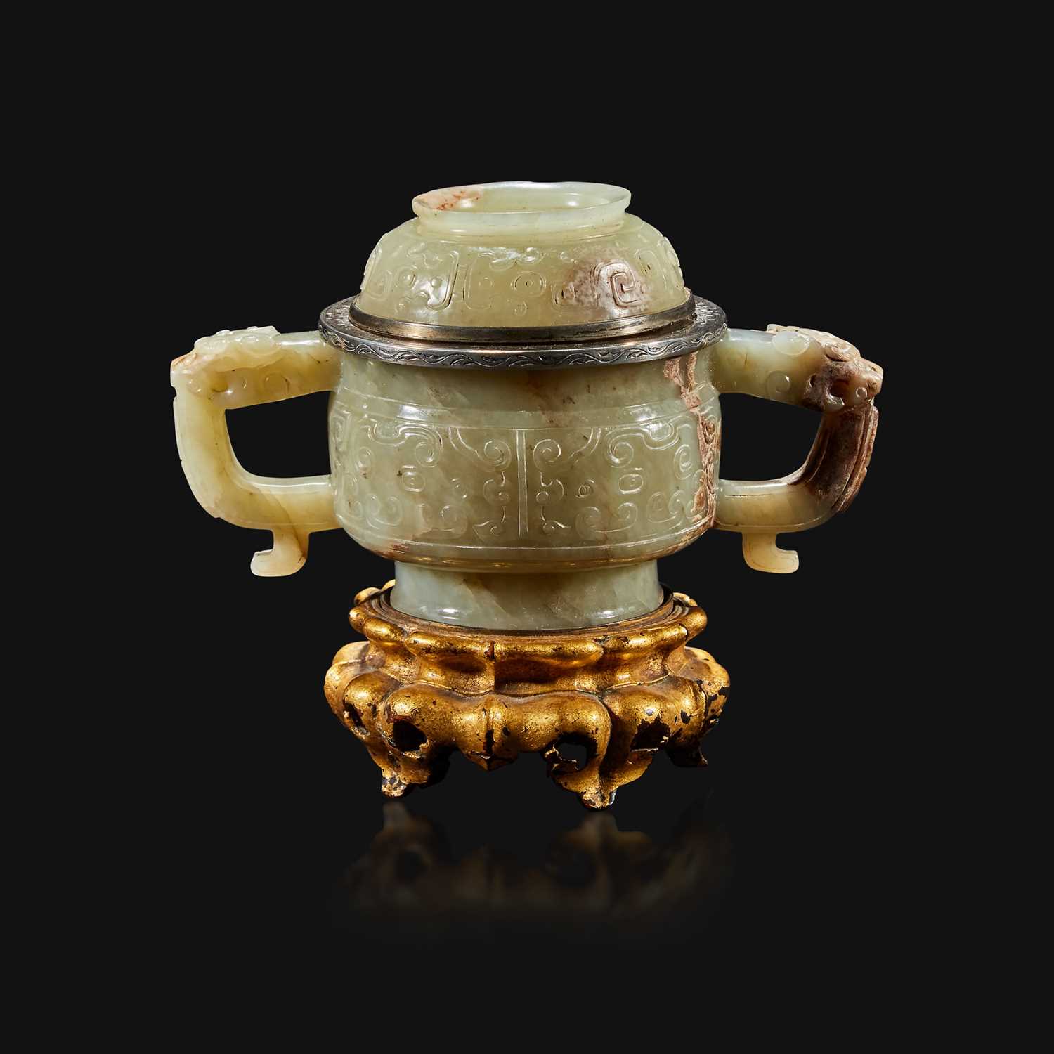 Lot 102 - A Chinese pale celadon and brown jade censer and cover, mounts by Edward I. Farmer, New York