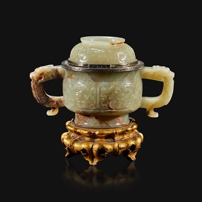 Lot 102 - A Chinese pale celadon and brown jade censer and cover, mounts by Edward I. Farmer, New York