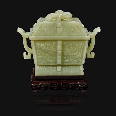 Lot 106 - A Chinese carved pale celadon jade censer and cover, Fang Ding