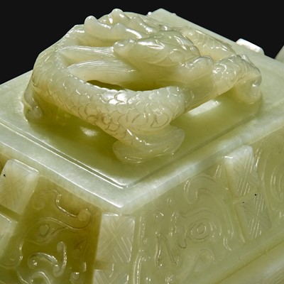 Lot 106 - A Chinese carved pale celadon jade censer and cover, Fang Ding
