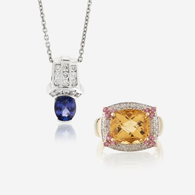 Lot 80 - A gem-set and diamond ring and pendant