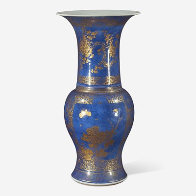 Lot 58 - A Chinese gilt-decorated powder blue porcelain “Phoenix-tail” vase