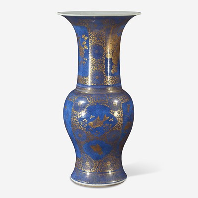 Lot 58 - A Chinese gilt-decorated powder blue porcelain “Phoenix-tail” vase