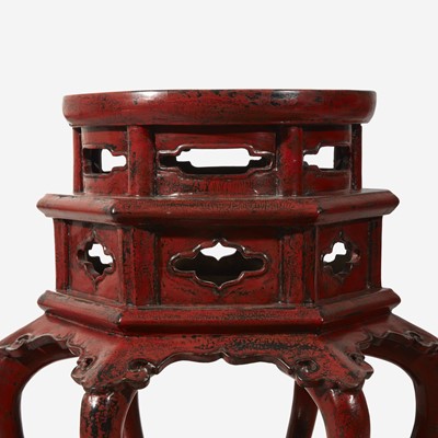 Lot 33 - A Chinese or Japanese red lacquered Ming-style hexagonal incense stand