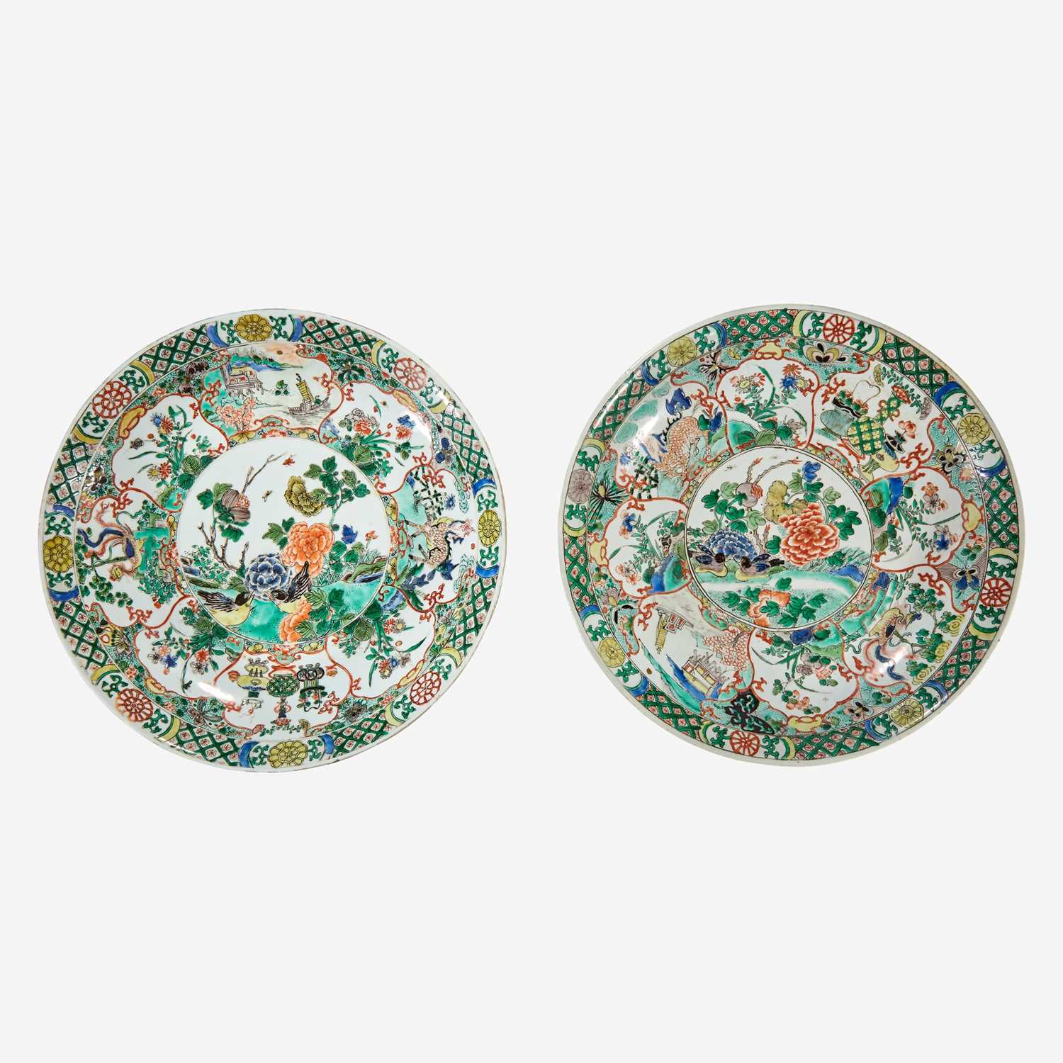 Lot 50 - Two similar Chinese famille verte-decorated porcelain circular dishes