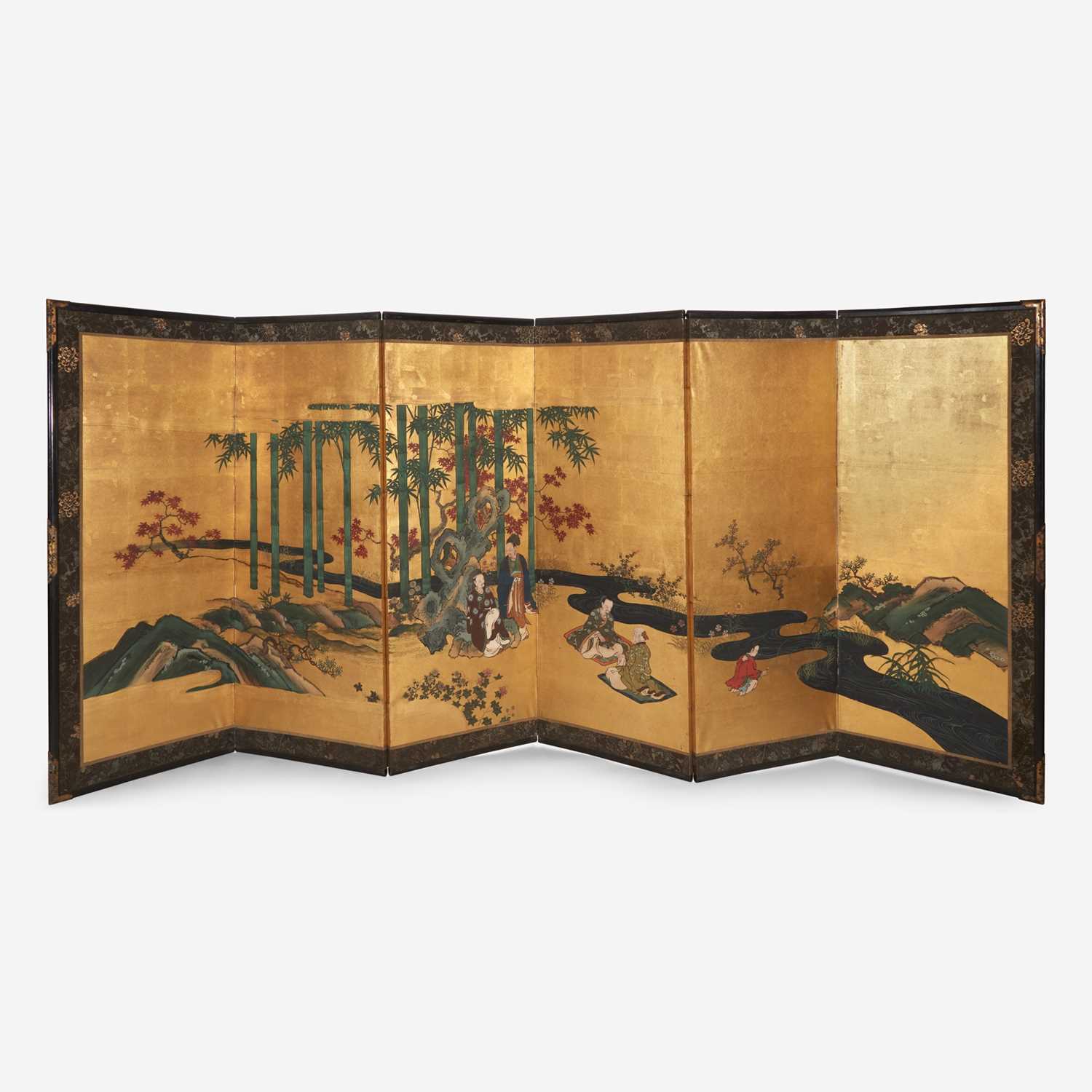 Lot 79 - A pair of Japanese six-panel screens: "The Seven Scholars of the Bamboo Grove"