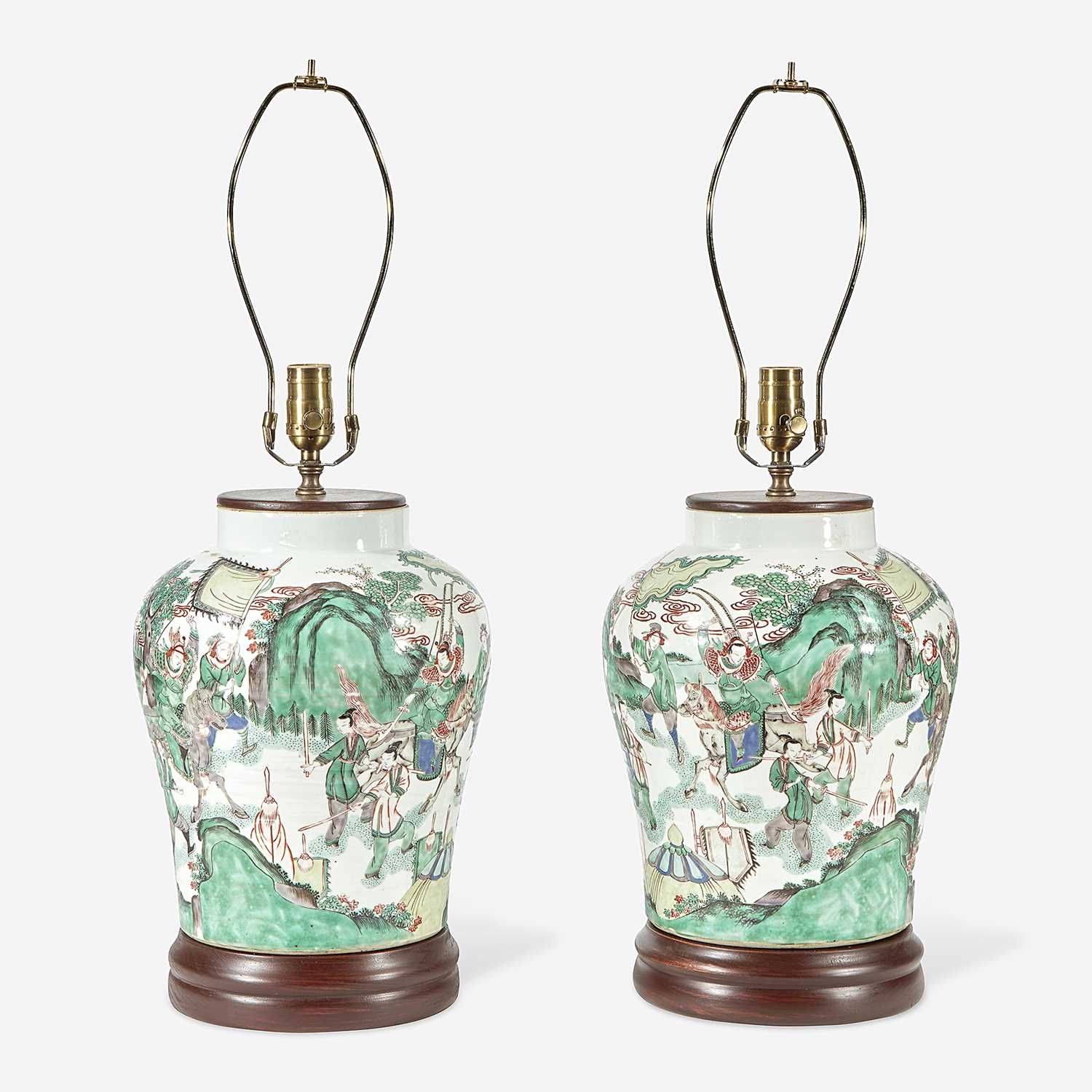Lot 67 - A pair of Chinese famille verte-decorated porcelain jars mounted as lamps