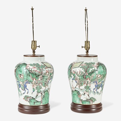 Lot 67 - A pair of Chinese famille verte-decorated porcelain jars mounted as lamps