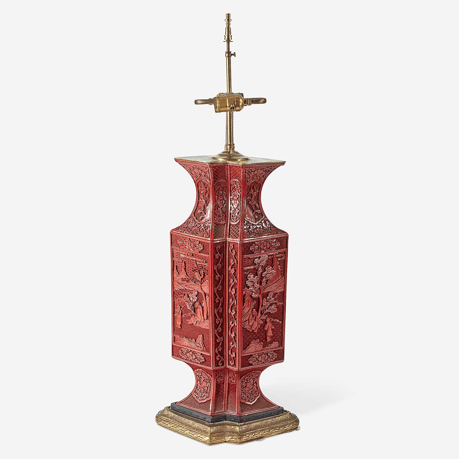 Lot 70 - A Chinese carved cinnabar lacquer double vase, mounted as lamp