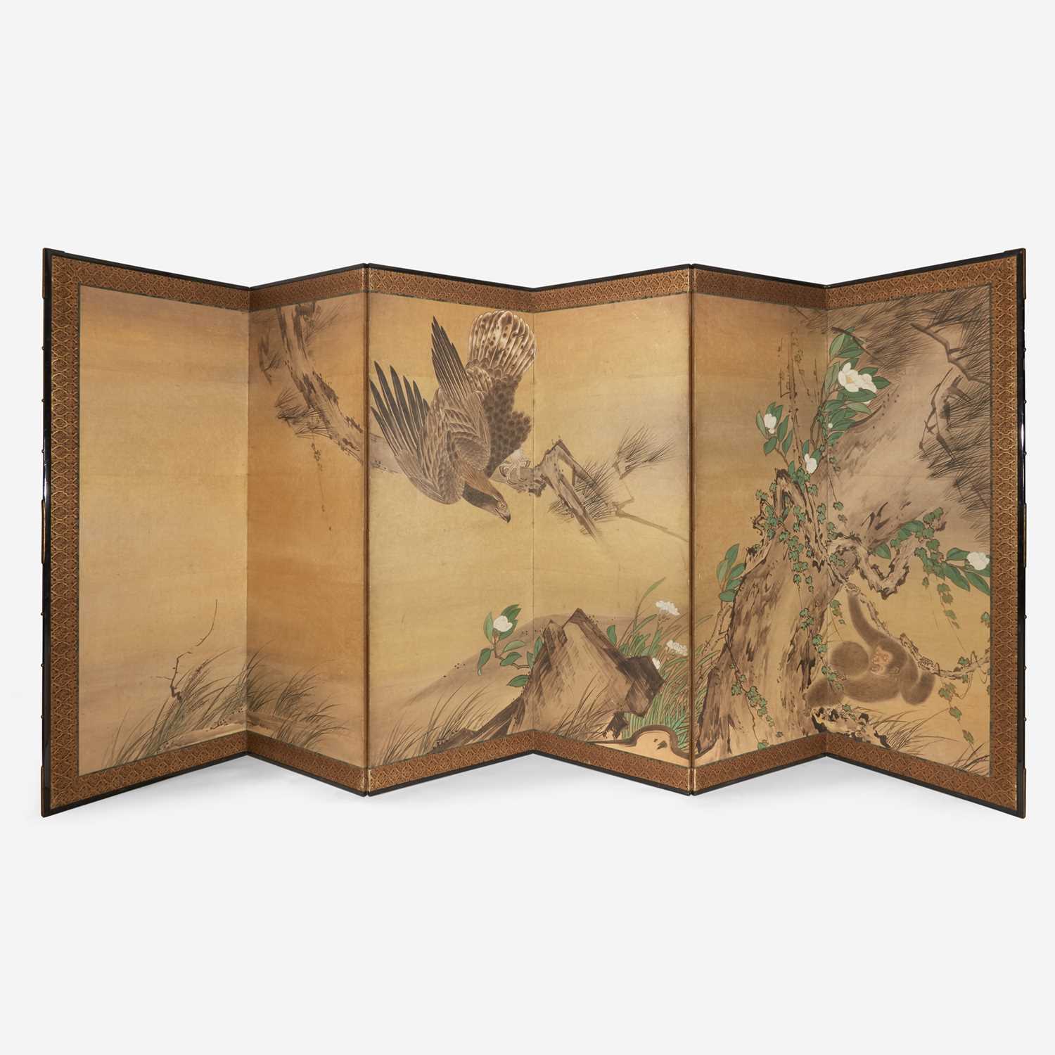 Lot 80 - A Japanese six-panel "Eagle and Monkey" screen
